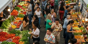 Hidden Culinary Gems: 3 Unexpected US Food Trails Overhead view of a lively food market with various food stalls and people enjoying authentic cuisine