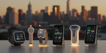 Futuristic health and wellness devices for 2026 on a minimalist background with a city skyline
