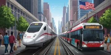 Futuristic public transportation systems in a modern U.S. city, illustrating advanced urban mobility in 2026.