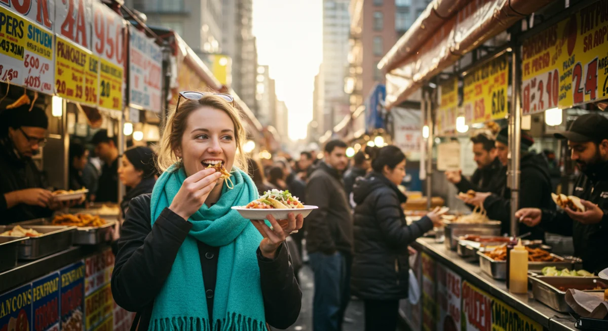 Enjoying affordable and high-quality street food in a vibrant U.S. city market.