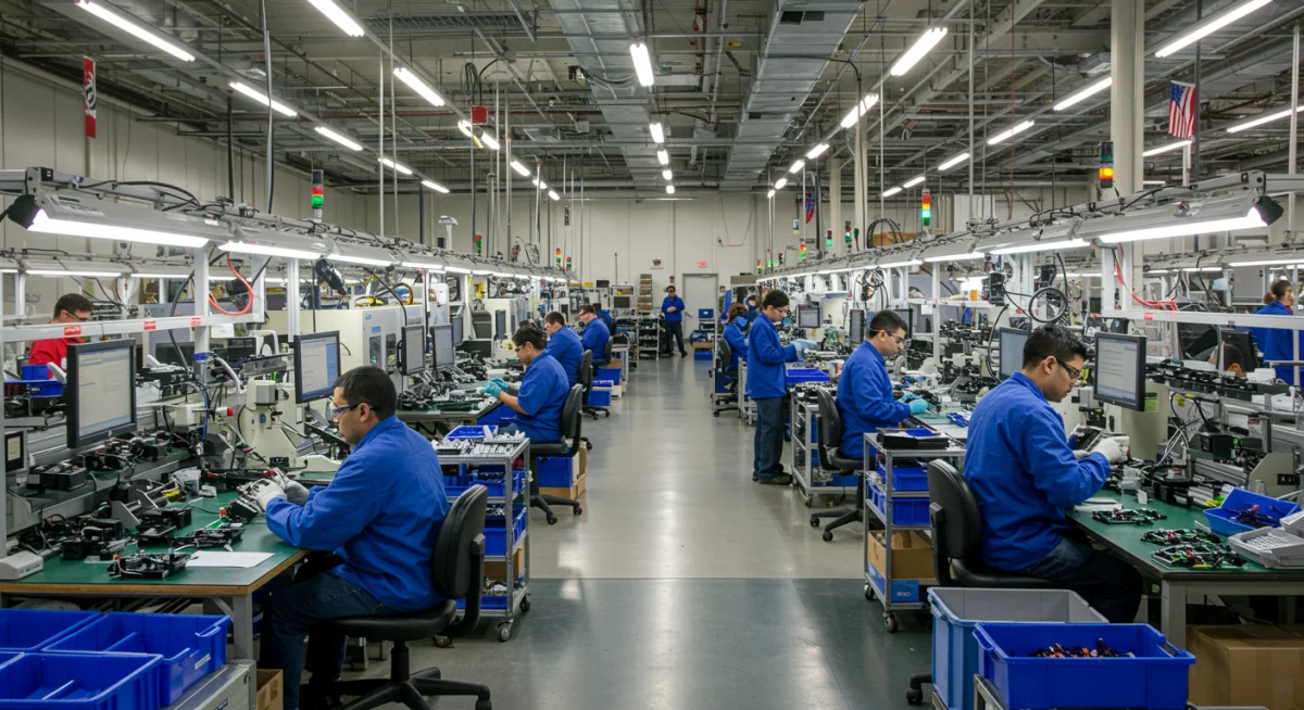 American factory workers assembling products on a modern production line