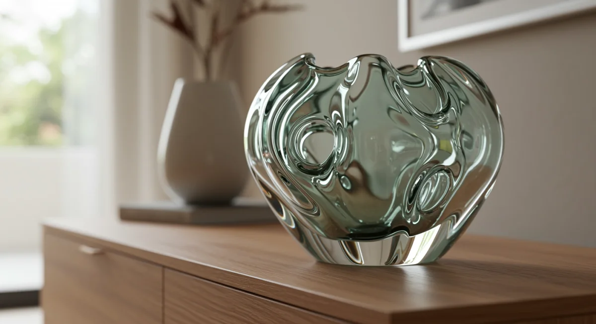 Hand-blown glass vase with organic shapes, showcasing artisan craftsmanship and unique design.