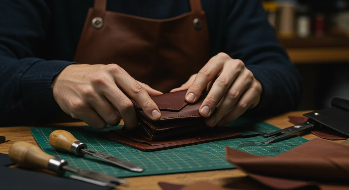 Artisan handcrafting a leather wallet, emphasizing traditional skills and American craftsmanship.
