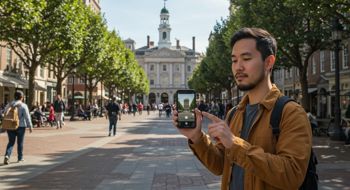 Traveler using augmented reality app on smartphone in a U.S. city square.
