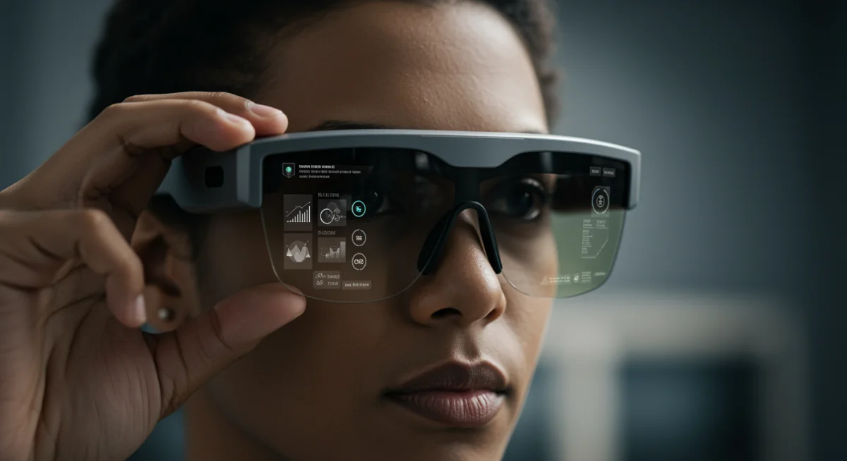 Person wearing sleek augmented reality smart glasses displaying digital information