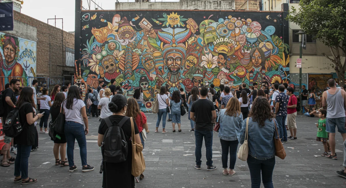 Bustling street art scene with colorful mural and diverse crowd admiring the artwork.