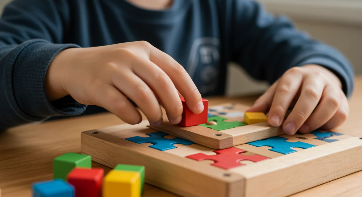Child's hands engaged with a U.S.-made STEM construction set, fostering problem-solving skills.