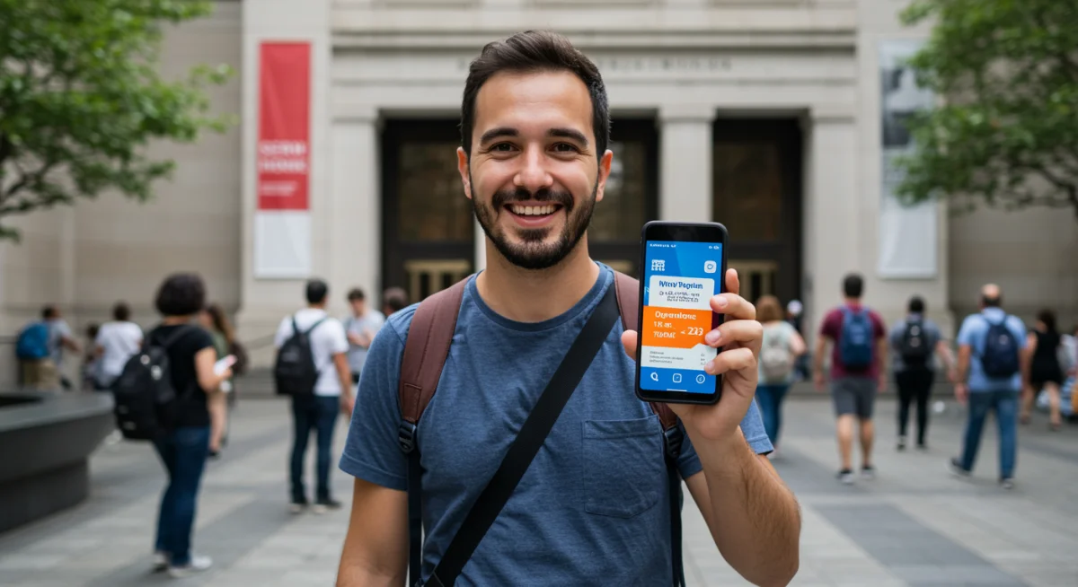 Traveler using a digital city pass in front of a museum entrance, symbolizing convenient access to attractions