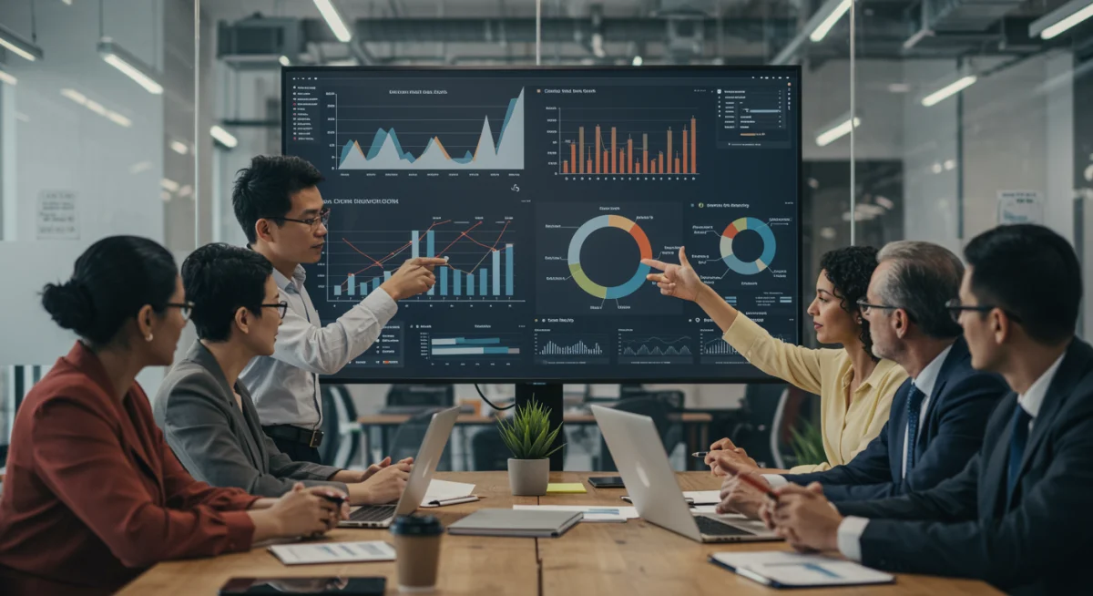 Professionals analyzing economic growth charts and data in a modern office setting