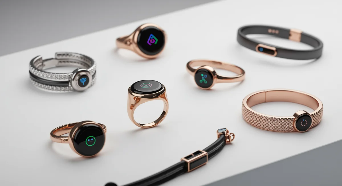 Collection of elegant smart rings and bracelets on white background