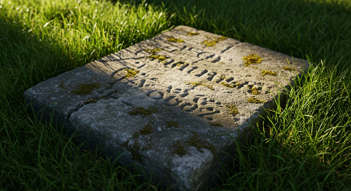 Weathered stone marker with faded historical inscriptions