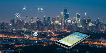 Futuristic city skyline with digital travel planning overlays for smart exploration.