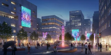 Futuristic cityscape with vibrant digital art and diverse people, showcasing dynamic urban culture in 2026.