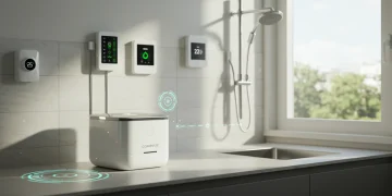 Futuristic kitchen with eco-friendly home gadgets saving energy