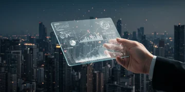 Futuristic transparent tablet displaying data, symbolizing tech innovation and financial growth in 2026.