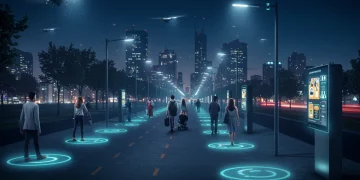 Futuristic urban scene with smart infrastructure and confident pedestrians