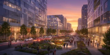 Futuristic U.S. city skyline with green infrastructure and smart technology