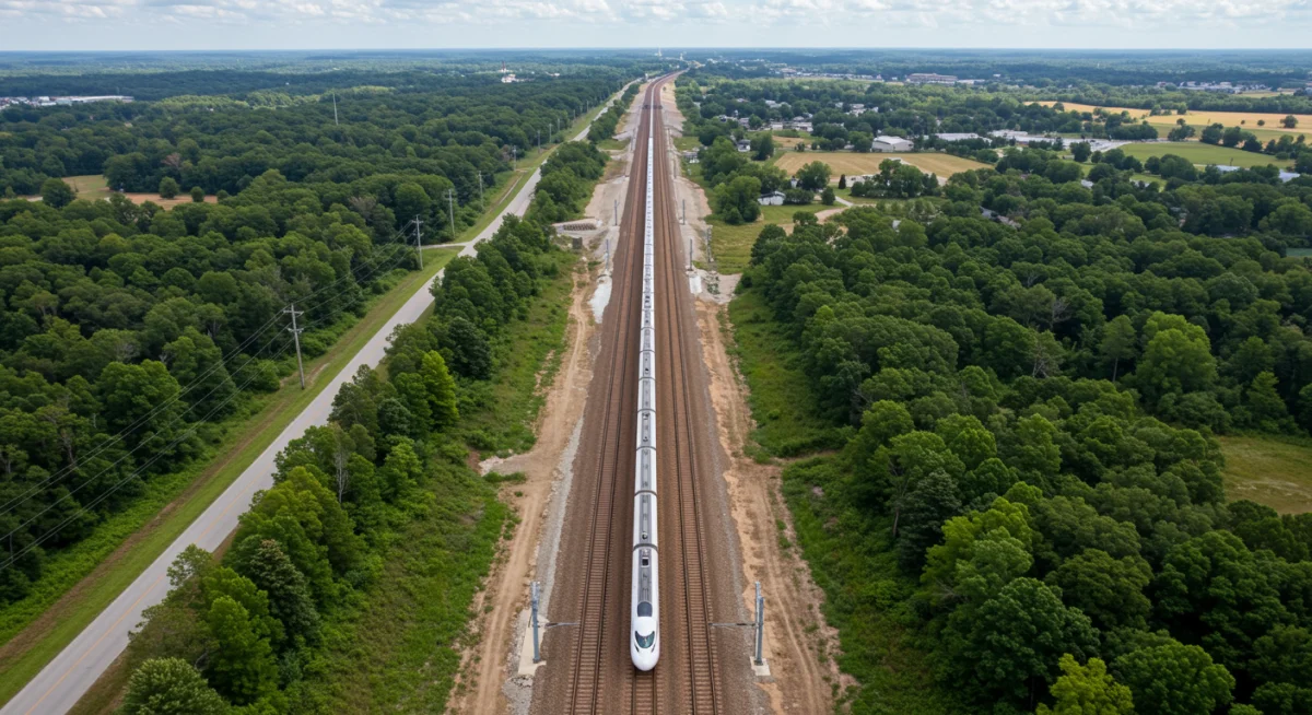 High-speed rail train on new tracks, symbolizing progress in U.S. transportation infrastructure.