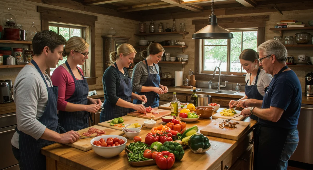 Travelers enjoying a hands-on local cooking class with regional American cuisine