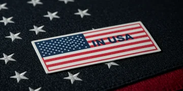 Product label clearly stating 'Made in USA' with American flag background, representing compliance.