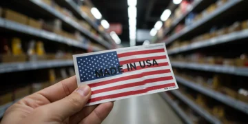 Consumer examining a 'Made in USA' product label for authenticity