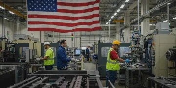Modern factory floor with diverse workers and American flag, symbolizing Made in USA manufacturing.