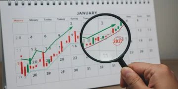 Magnifying glass over bond fund chart with 2027 calendar