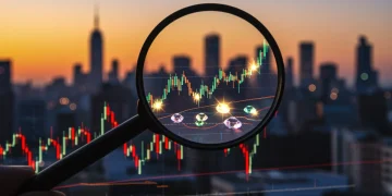 Magnifying glass over stock chart with hidden gem mutual funds, symbolizing investment discovery.
