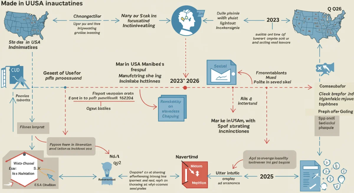 Infographic illustrating timeline of Made in USA manufacturing incentives and policy changes.