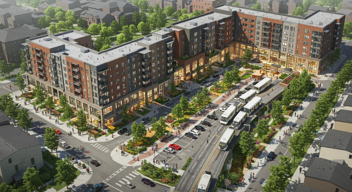 Mixed-use urban development with green spaces and public transport