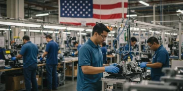 Modern American factory workers assembling products, symbolizing Made in USA manufacturing