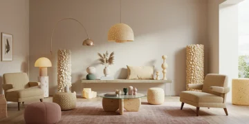 Modern living room with unique home decor from emerging U.S. designers, highlighting sustainable and innovative pieces.