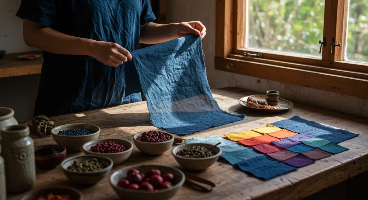 Artisan working with natural dyes on sustainable fabric, demonstrating eco-friendly textile production.