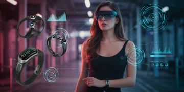 Woman wearing smart ring, bracelet, and AR glasses in futuristic city