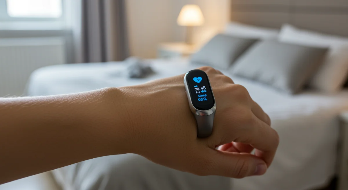 Advanced smart ring displaying health metrics on a person's wrist