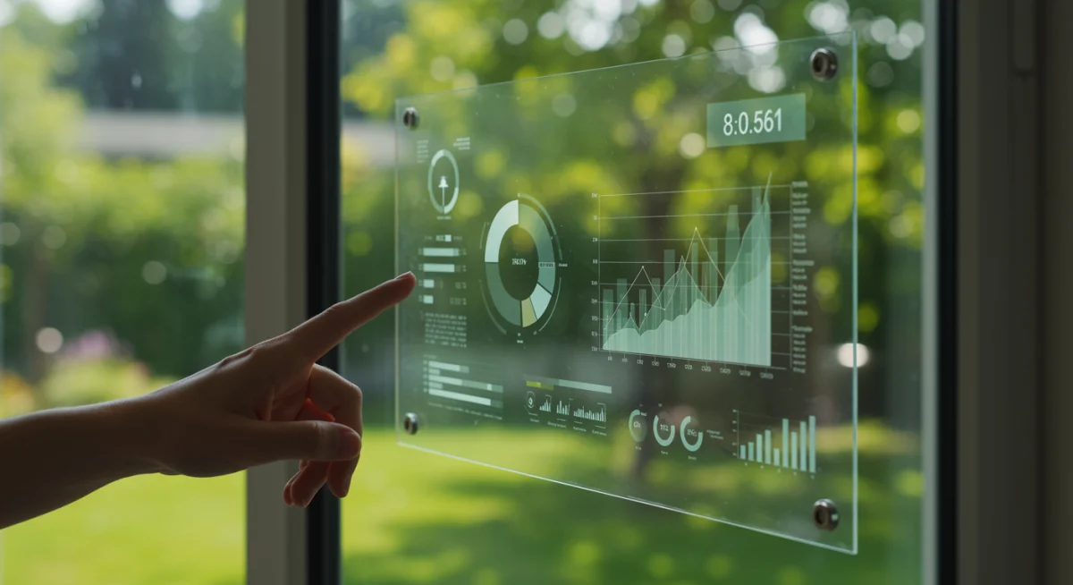 Smart window displaying real-time energy data with green garden view