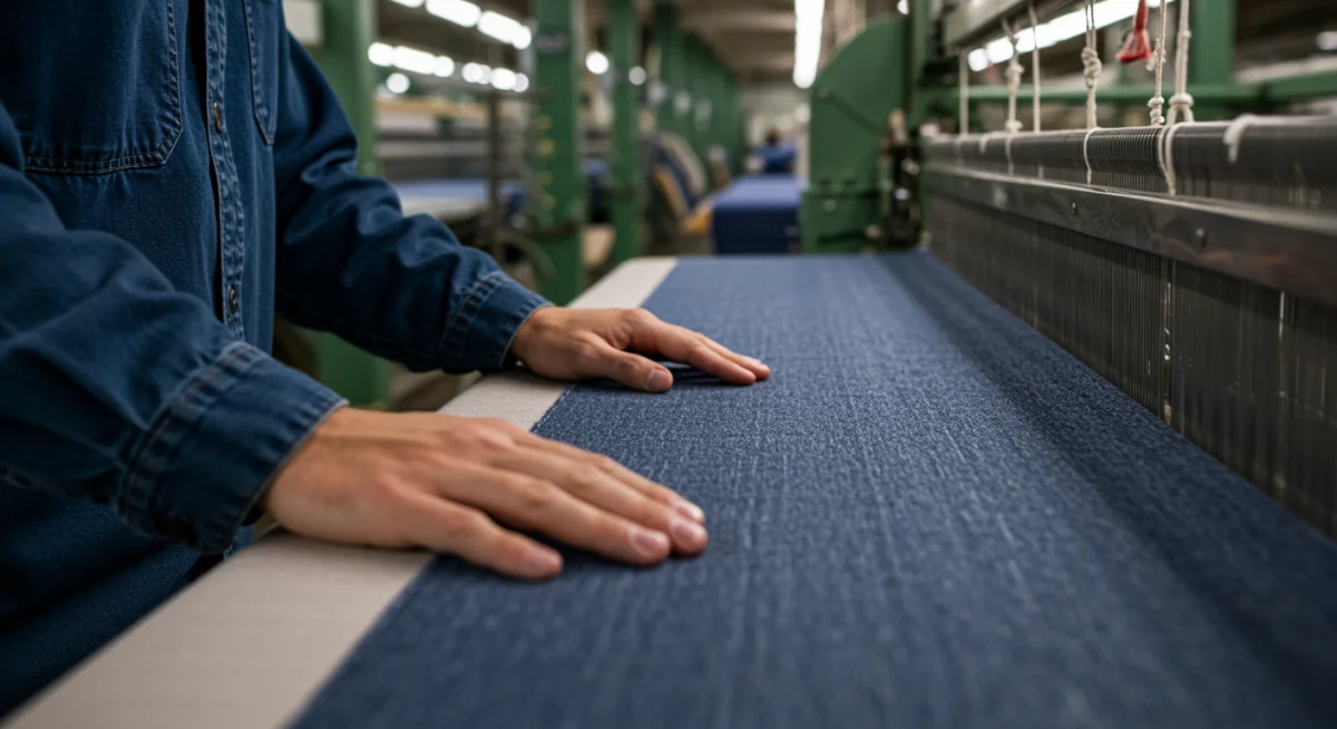 Textile worker inspecting fabric quality on a loom in an American mill