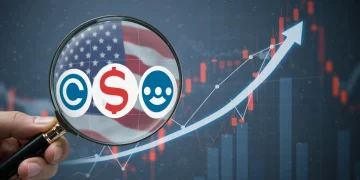 Magnifying glass over a rising stock chart, symbolizing discovery of undervalued U.S. tech stocks.