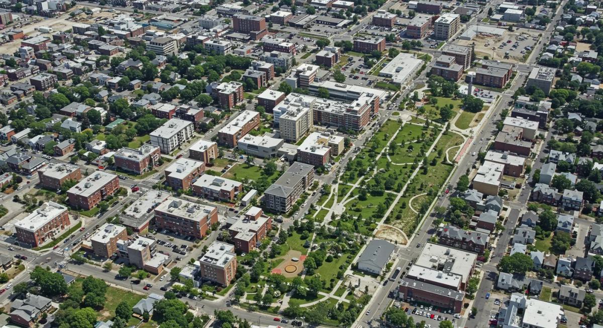 Aerial view of a modern urban redevelopment zone in a U.S. city, shaped by new zoning laws.