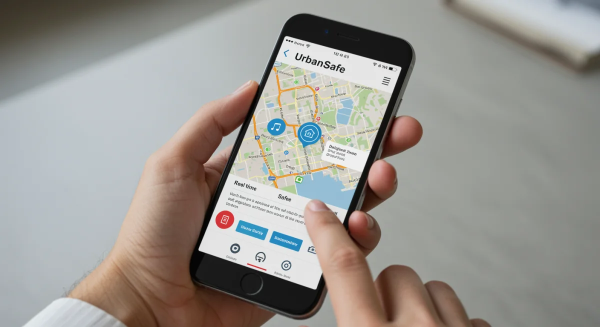 UrbanSafe app interface on a smartphone showing real-time city safety data