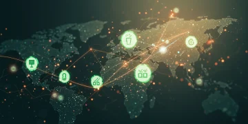 Futuristic digital network with green energy symbols over a US map, representing economic growth sectors