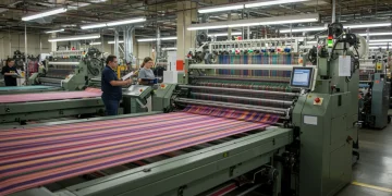 Modern US textile factory with advanced machinery and diligent workers