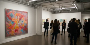 Vibrant abstract painting in a contemporary art gallery, with diverse art enthusiasts viewing it.