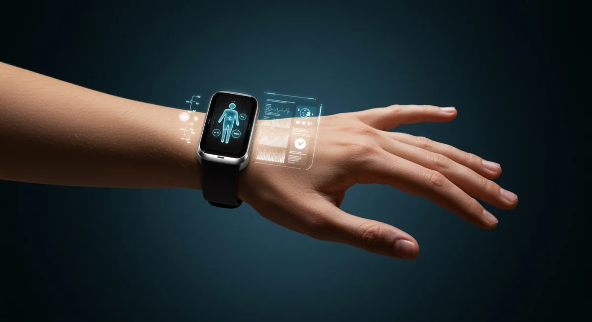Wearable tech device projecting augmented reality interface for health and digital interaction.
