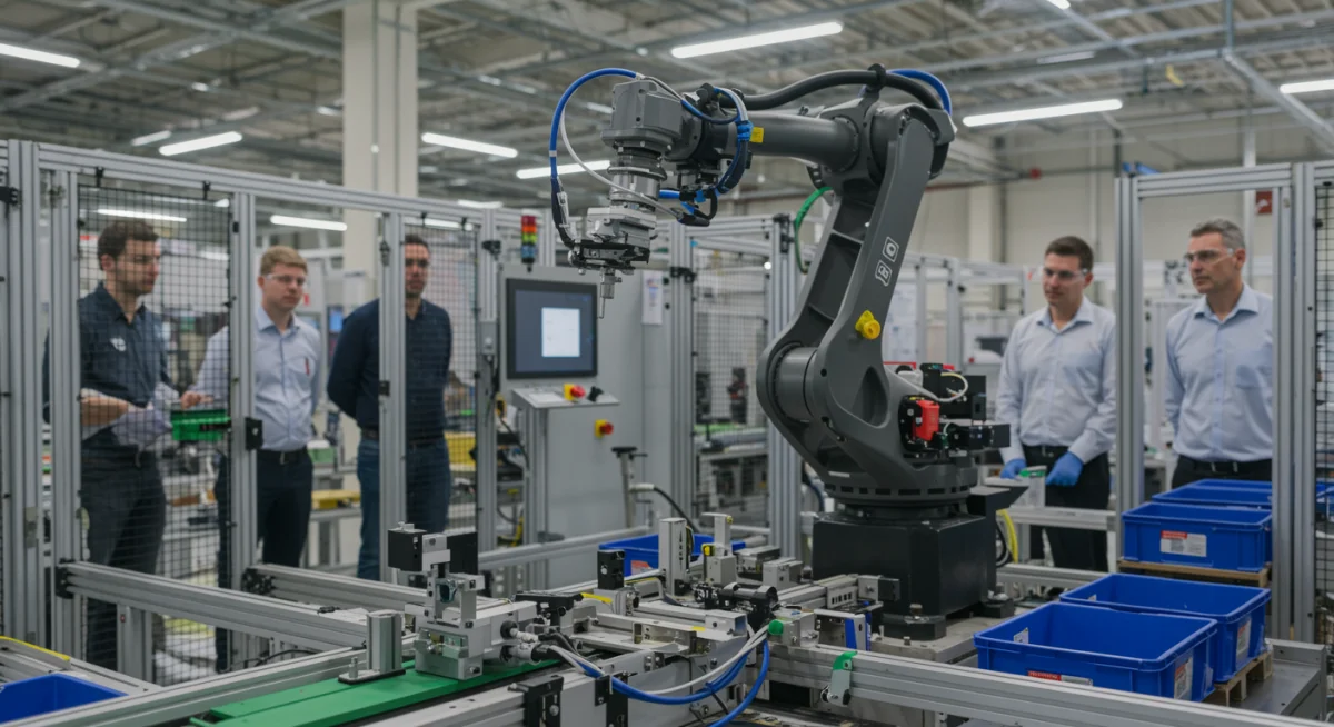 Robotic arm on an assembly line in a modern American factory, symbolizing advanced manufacturing and automation.