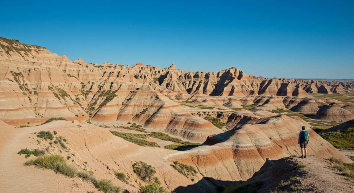 Hiker overlooking the dramatic eroded landscape of Badlands National Park.