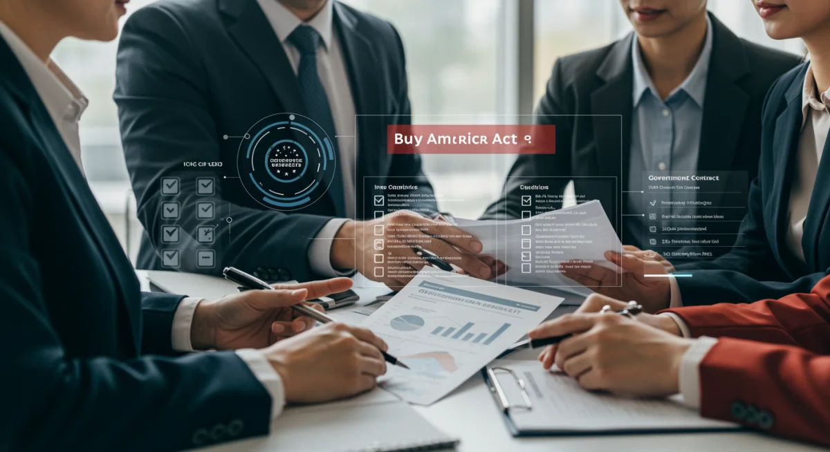 Business professionals reviewing Buy American Act compliance documents and regulations.