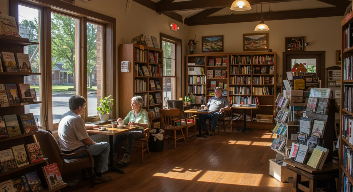 Cozy independent bookstore interior with patrons and warm lighting
