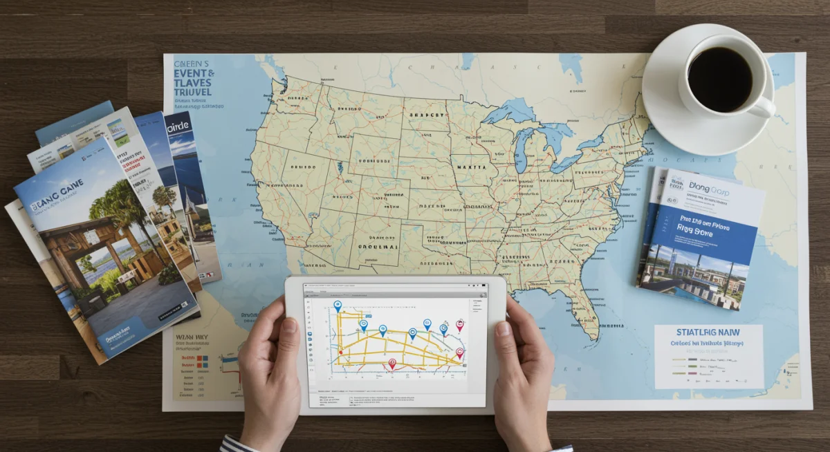 Person planning a detailed U.S. event itinerary on a tablet with maps and brochures.