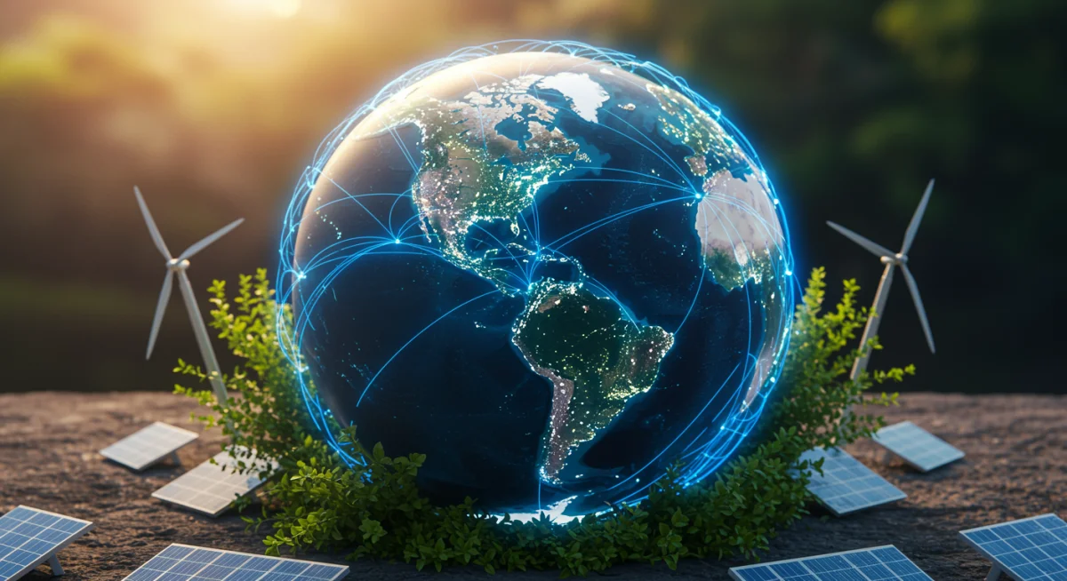 Global map with shipping routes emphasizing reshoring to the USA, surrounded by sustainable energy symbols.